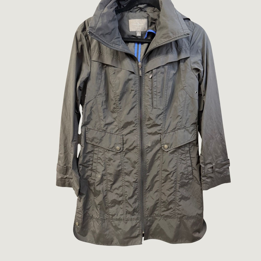 Cole Haan Womens Black Lightweight Packable Rain Jacket Hooded Small